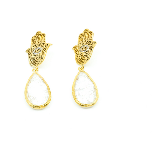 Hamza Earring with White Teardrop Stone in gold - shopzeyzey