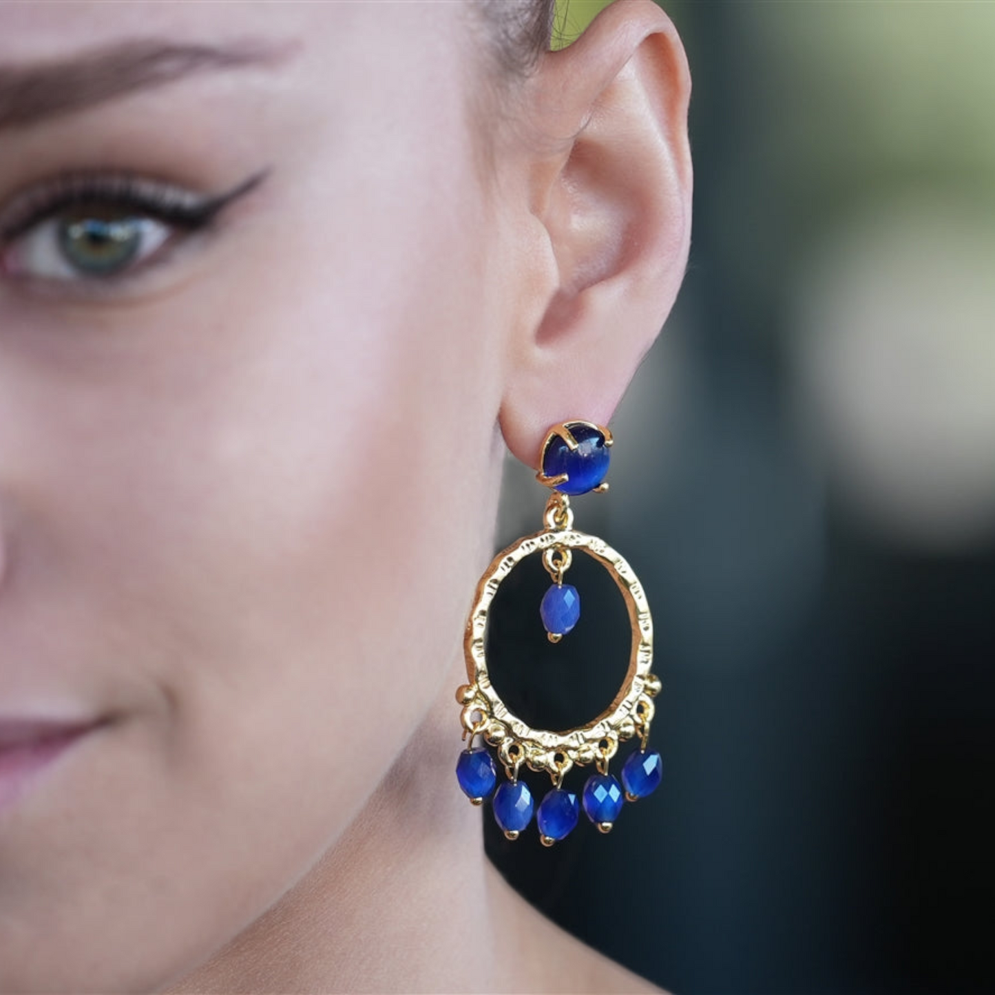 Dangling Hoop Earring with Blue stones - shopzeyzey