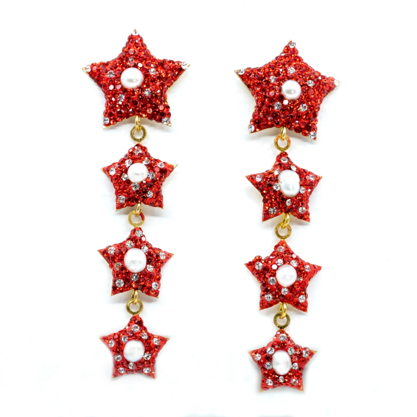 Dangling Four Red Star Earring with Pearl - shopzeyzey