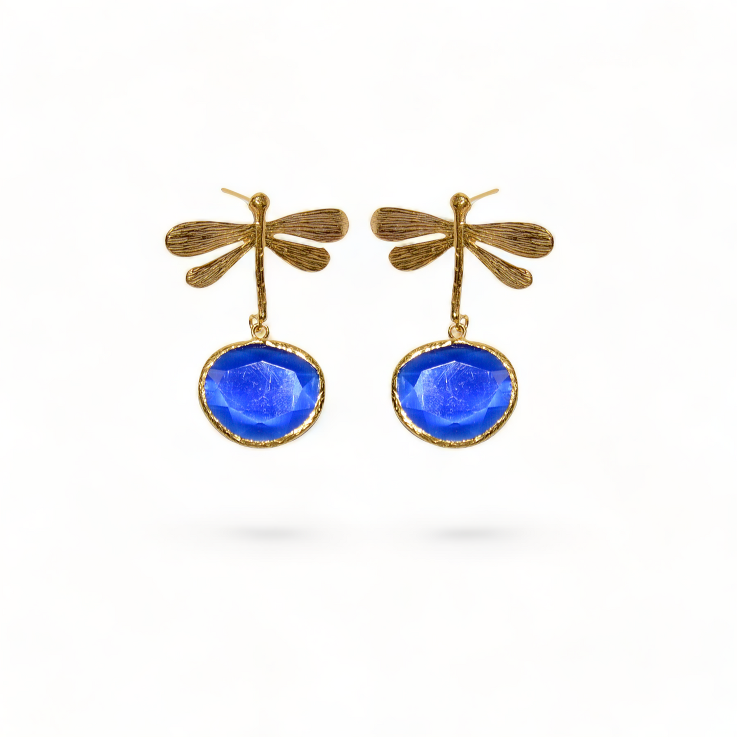 Handmade Gold-Plated Dragonfly Earrings | Blue Cat Eye Stone | Artisan Crafted Jewelry | Unique Drop Earring - shopzeyzey