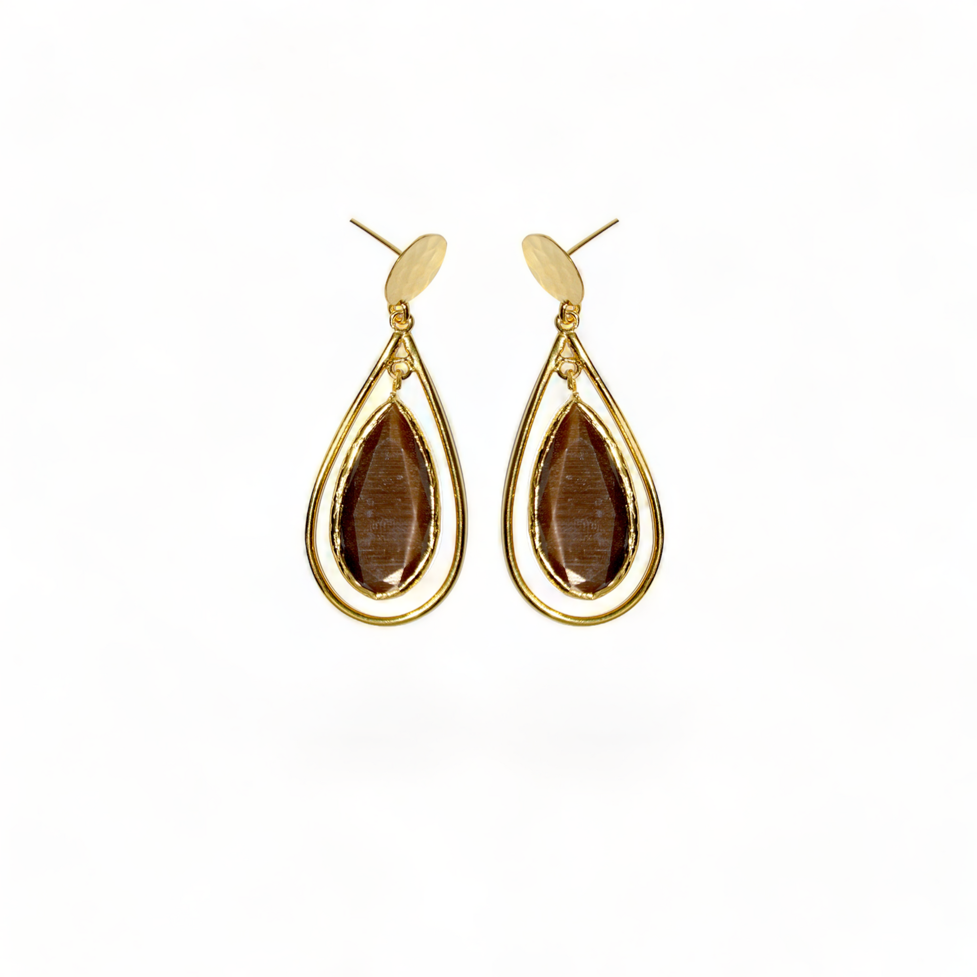 Handmade Gold-Plated Cage Earrings | Teardrop Brown Cat Eye Stone | Artisan Crafted Jewelry | Unique Drop Earrings - shopzeyzey