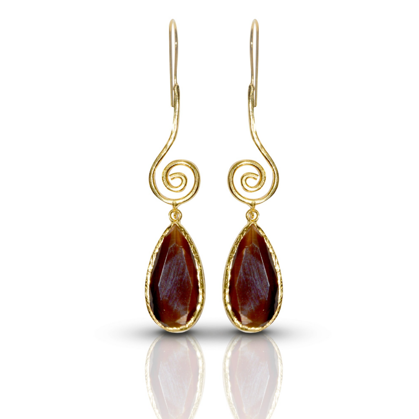 Handmade Gold-Plated Spiral Earrings | Teardrop Brown Cat Eye Stone | Artisan Crafted Jewelry | Unique Drop Earrings - shopzeyzey