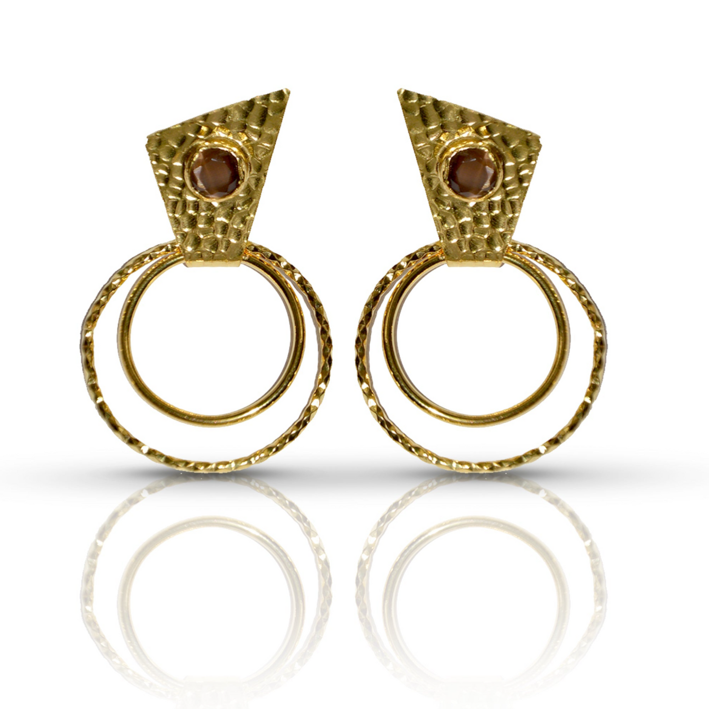 Handmade Gold-Plated Circle Earrings | Brown Cat Eye Stone | Artisan Crafted Jewelry | Unique Drop Earrings - shopzeyzey