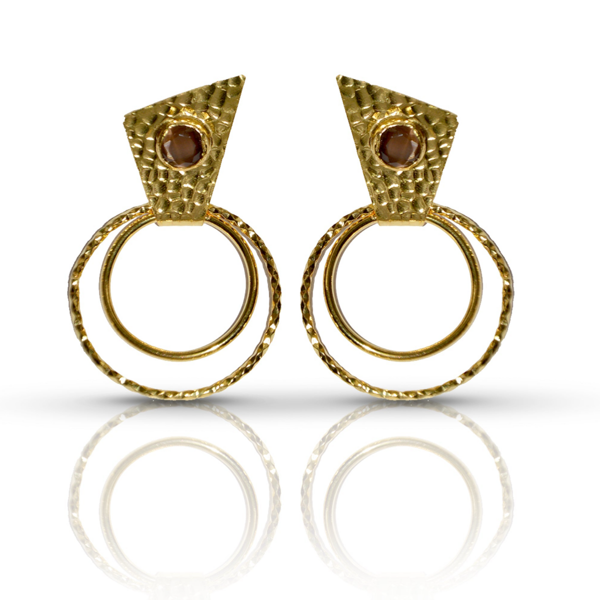 Handmade Gold-Plated Circle Earrings | Brown Cat Eye Stone | Artisan Crafted Jewelry | Unique Drop Earrings - shopzeyzey