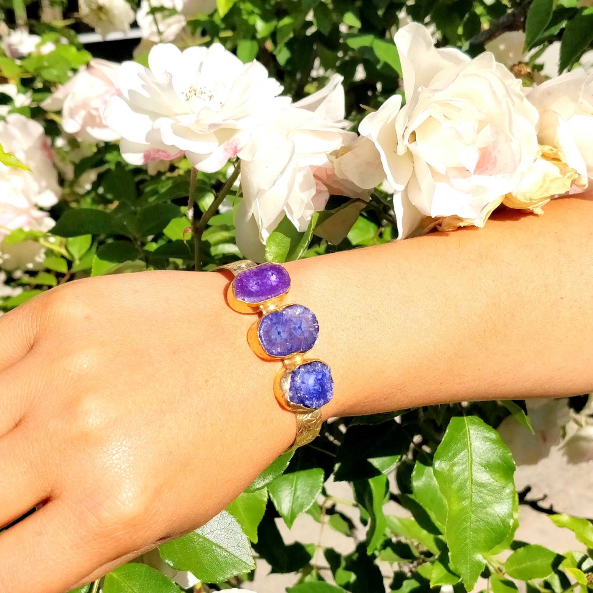 Purple Blue Triple Stone Gold Cuff - shopzeyzey