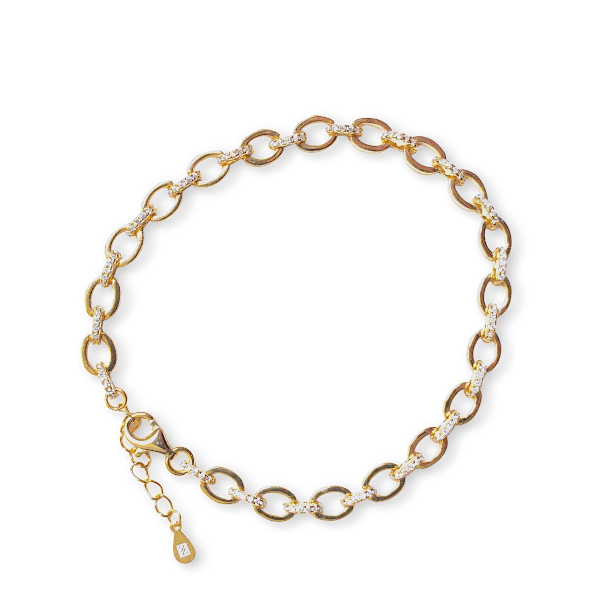 18K gold-plated oval link bracelet with cubic zirconia stones and lobster clasp