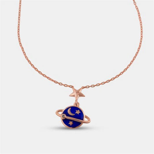 Blue Enamel Saturn Necklace - shopzeyzey