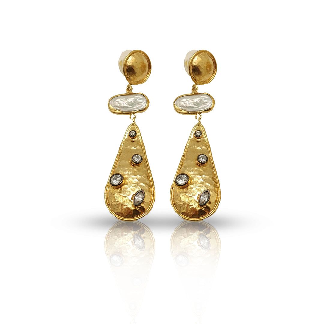 Gold Plated Handmade Hammered Dangling Earrings with Pearl and CZ - shopzeyzey