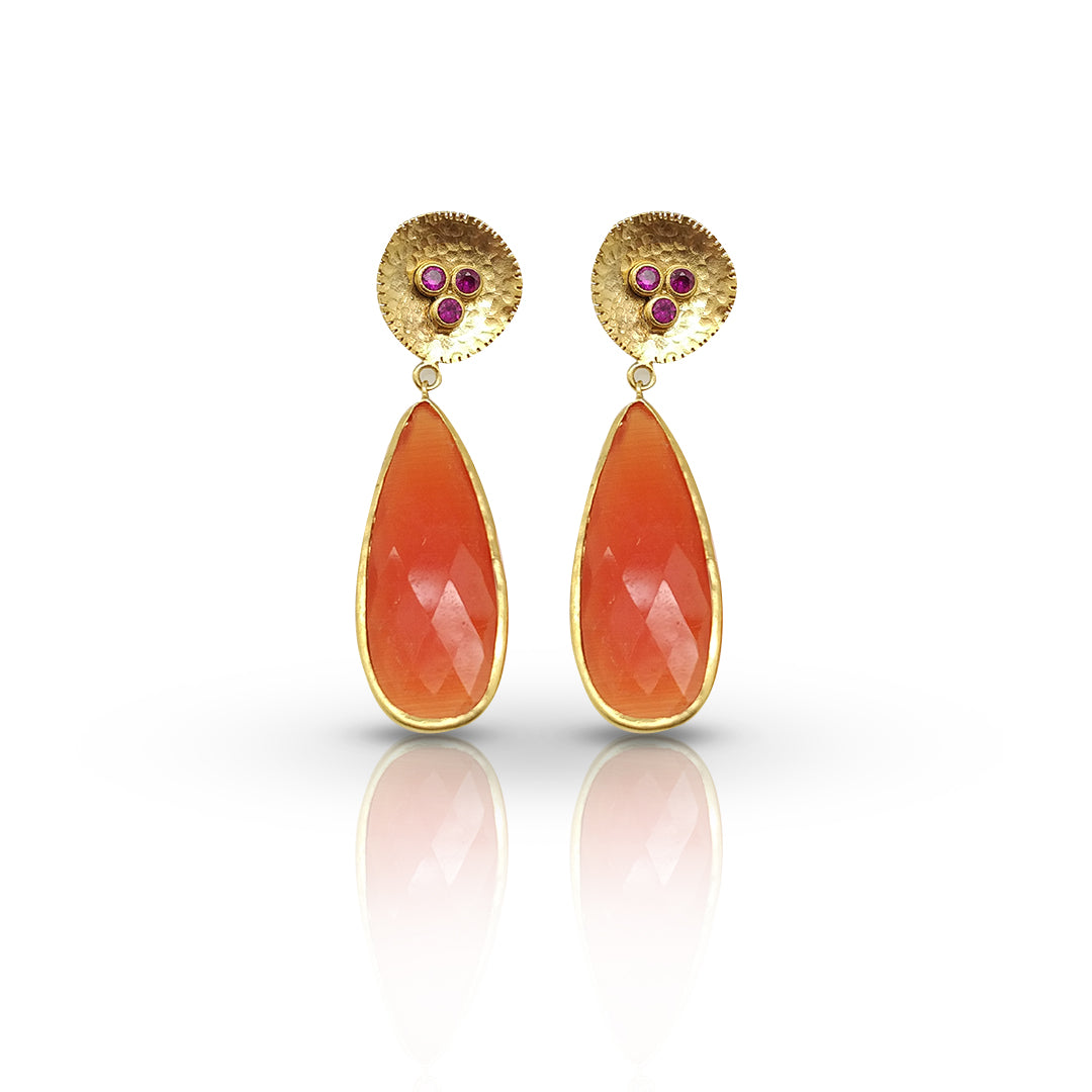 Handmade Orange Cat's eye Earrings with Ruby CZ Top - Gold Plated Statement Jewelry - shopzeyzey