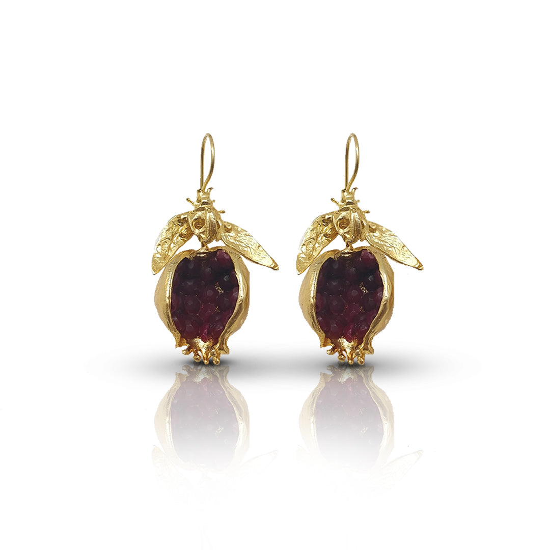 Contemporary Handmade Red Pomegranate Earrings | Gold-Plated with Red Ruby CZ Accents - shopzeyzey