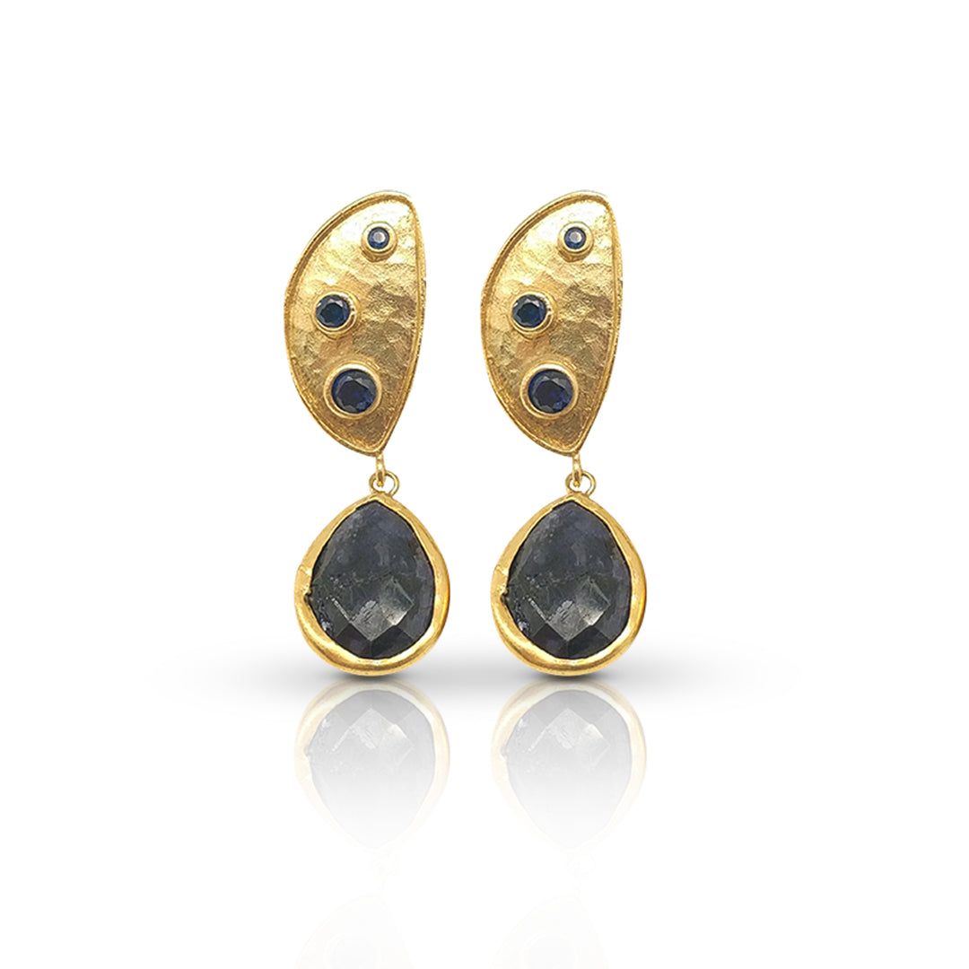Gold-Plated Handmade Earrings with Sapphire Corundum and CZ Stones | Celestial Elegance | Artisan Crafted Jewelry - shopzeyzey