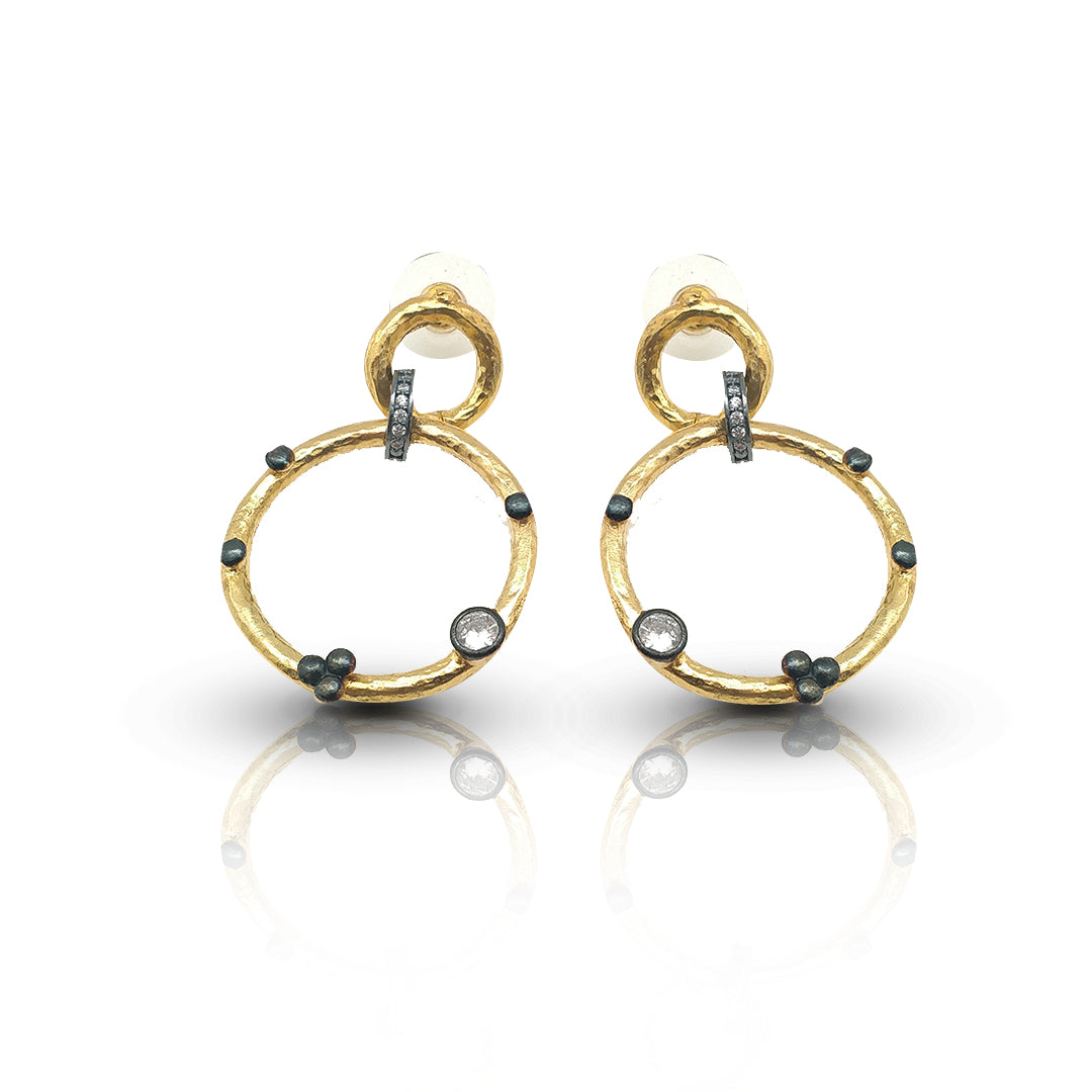 Gold-Plated Handmade Earrings with White CZ Stones | Contemporary Double Circle Earrings | Elegant Modern Jewelry - shopzeyzey