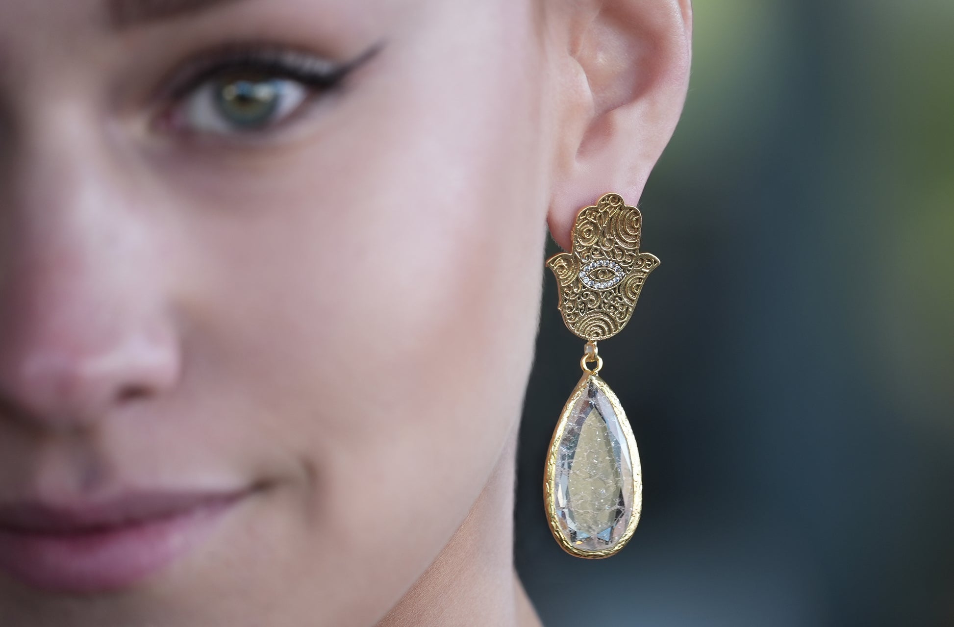 Hamza Earring with White Teardrop Stone in gold - shopzeyzey