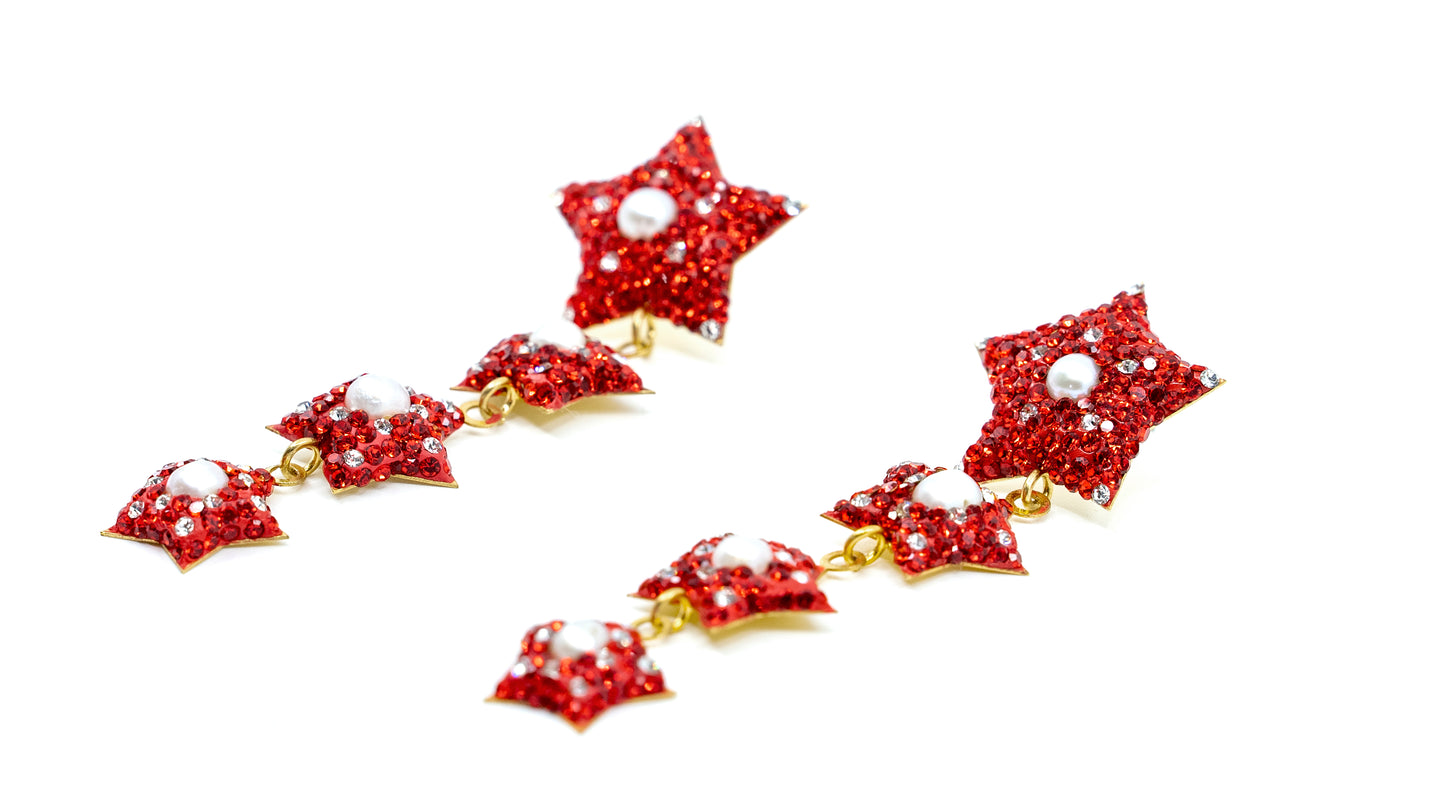 Dangling Four Red Star Earring with Pearl - shopzeyzey