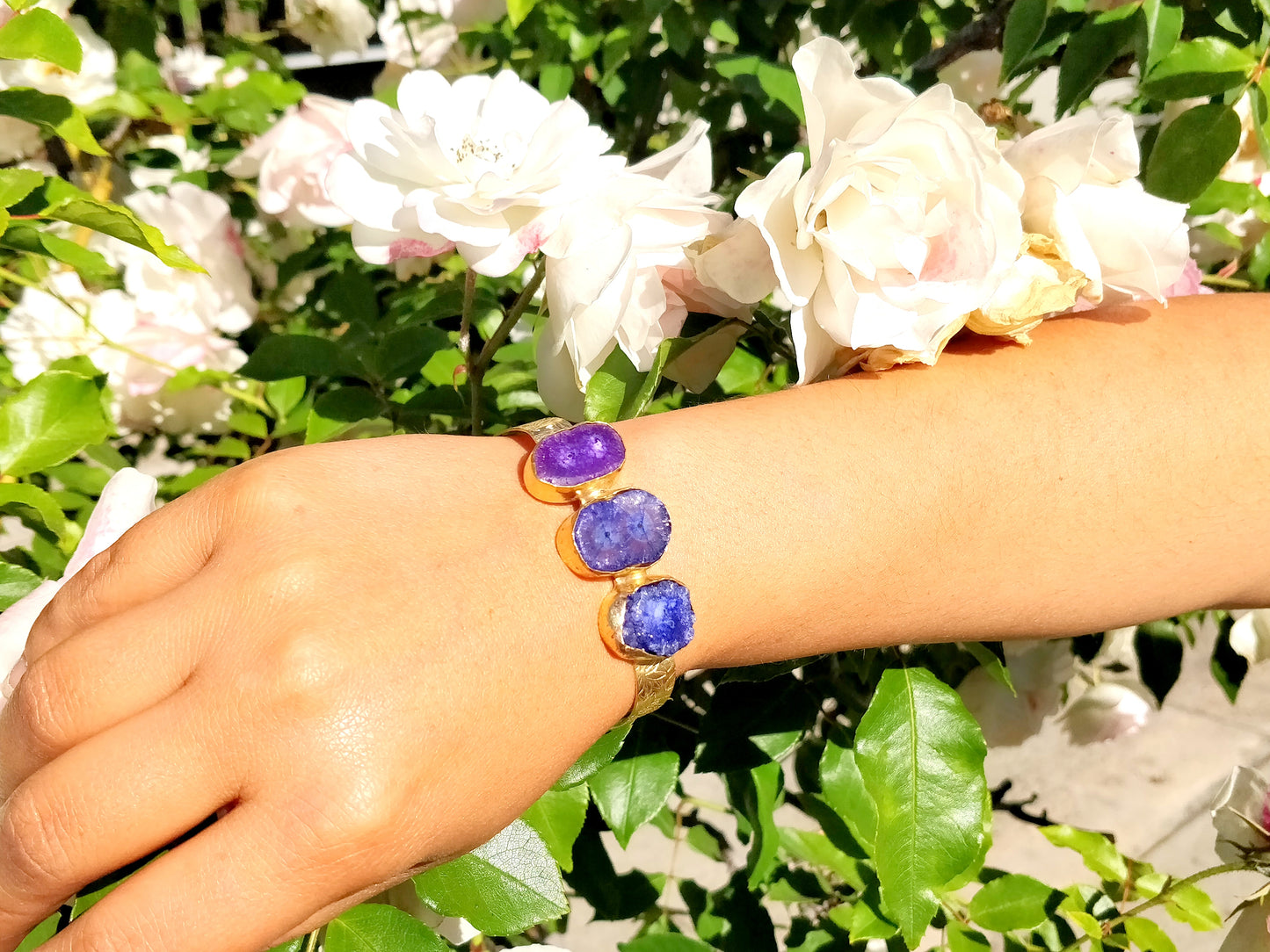 Purple Blue Triple Stone Gold Cuff - shopzeyzey