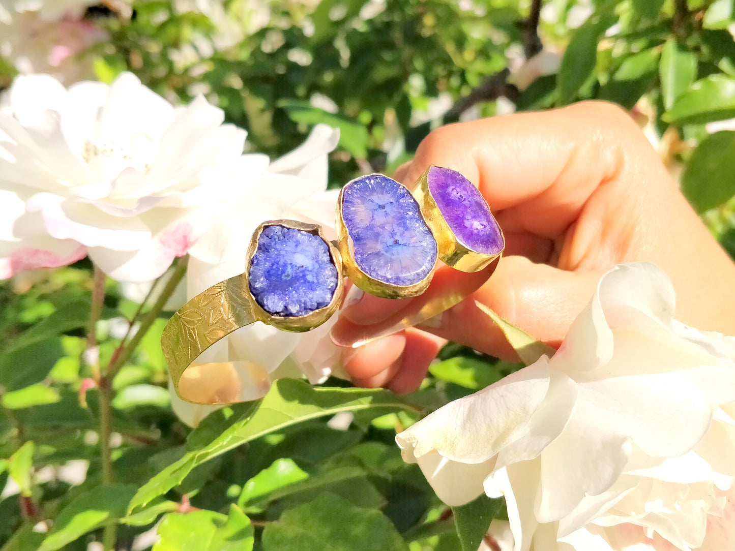 Purple Blue Triple Stone Gold Cuff - shopzeyzey