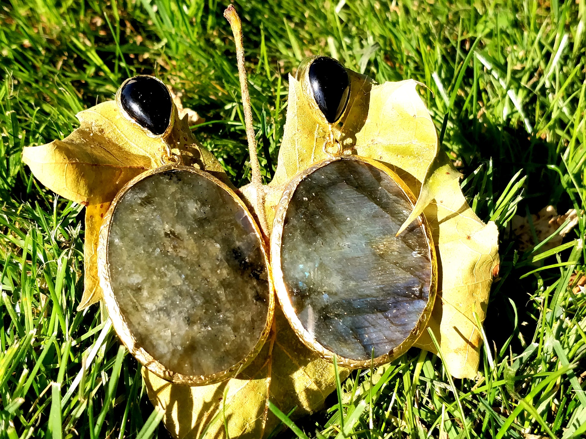 Double Stone Labradorite Statement Gold Earrings - shopzeyzey