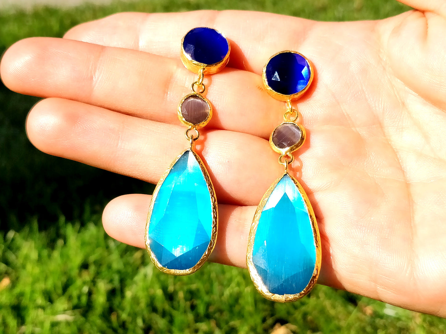 Triple Ocean Blue Cat Eye Earrings - shopzeyzey