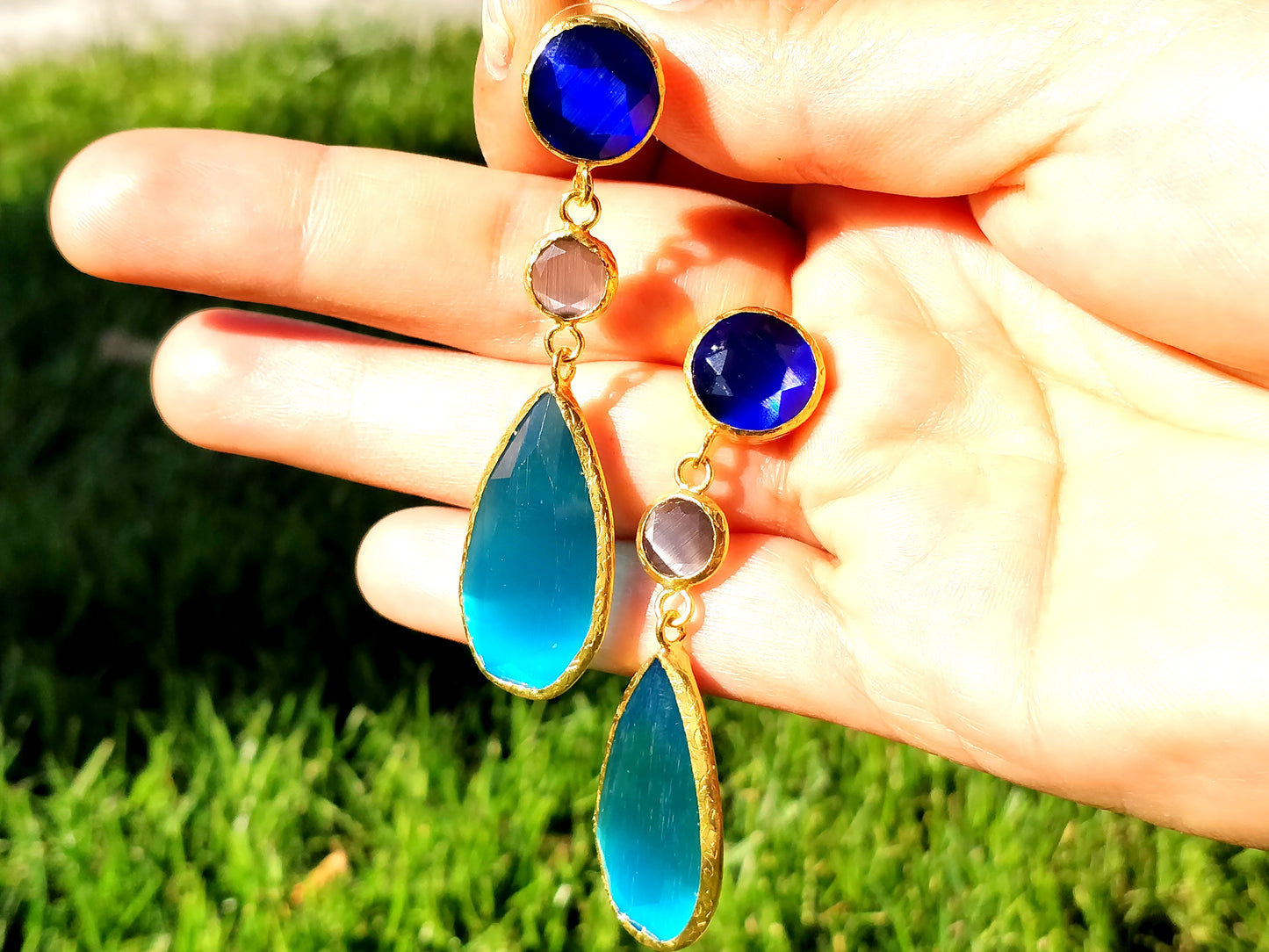 Triple Ocean Blue Cat Eye Earrings - shopzeyzey