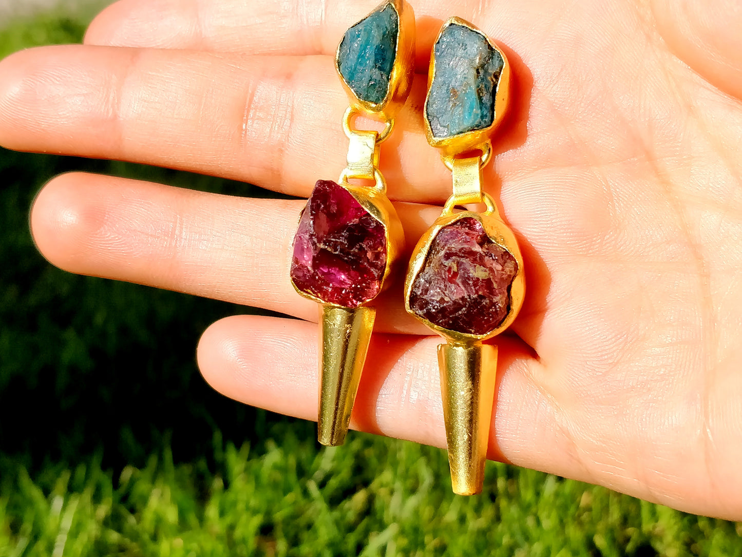 Rough Apatite and Garnet Gold Earrings - shopzeyzey