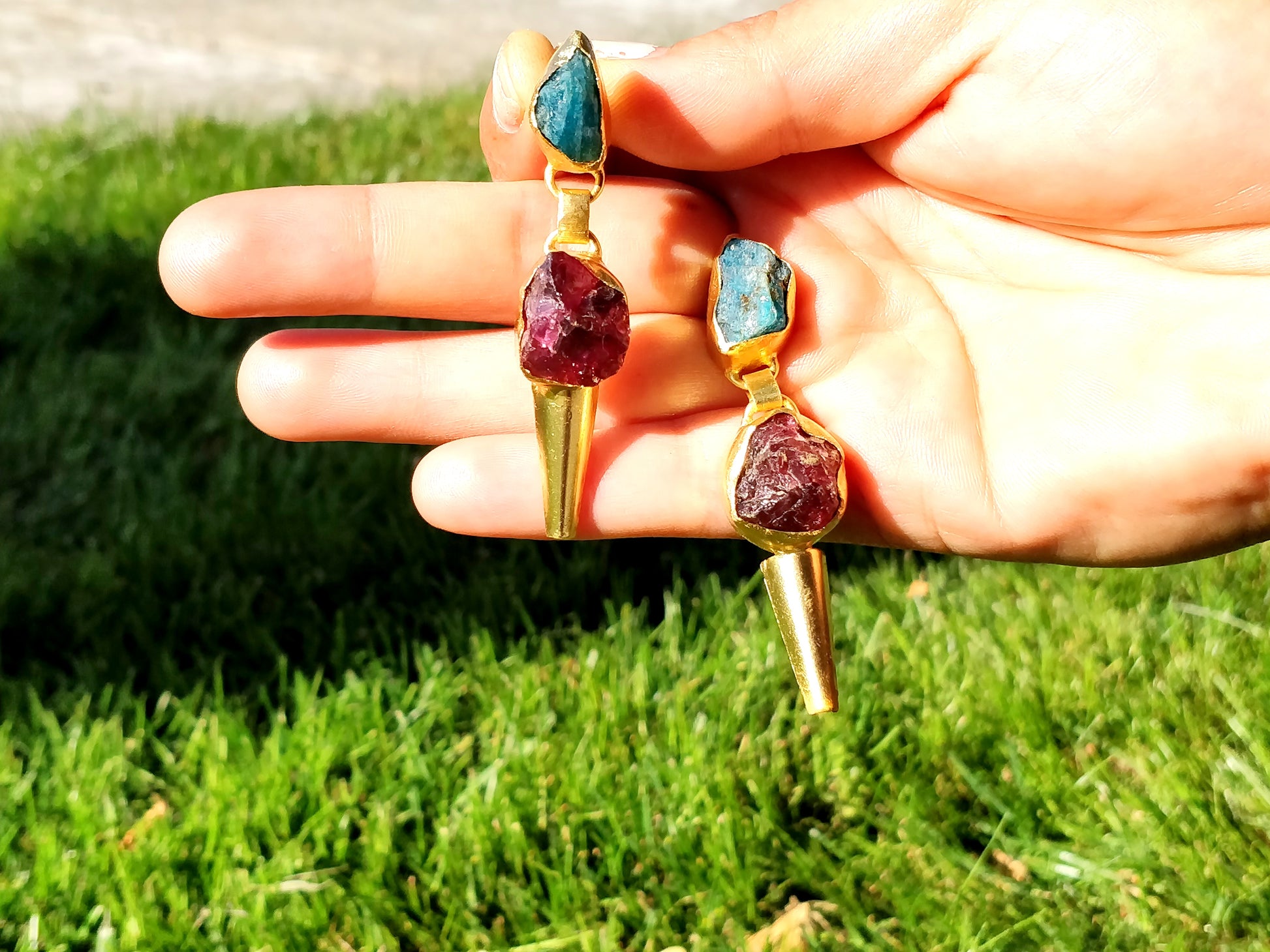 Rough Apatite and Garnet Gold Earrings - shopzeyzey