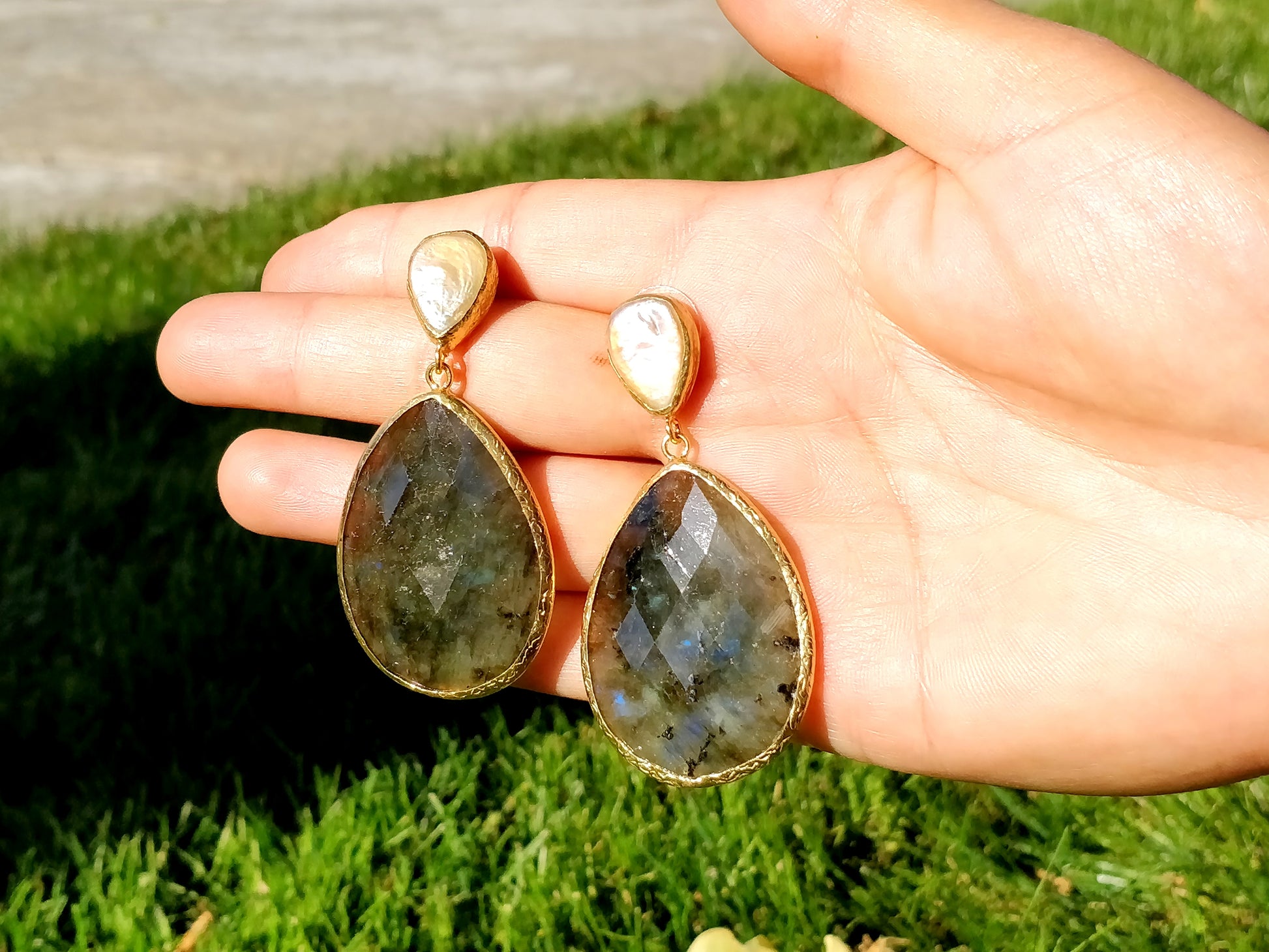 Drop Shape Labradorite Statement Gold Earrings - shopzeyzey