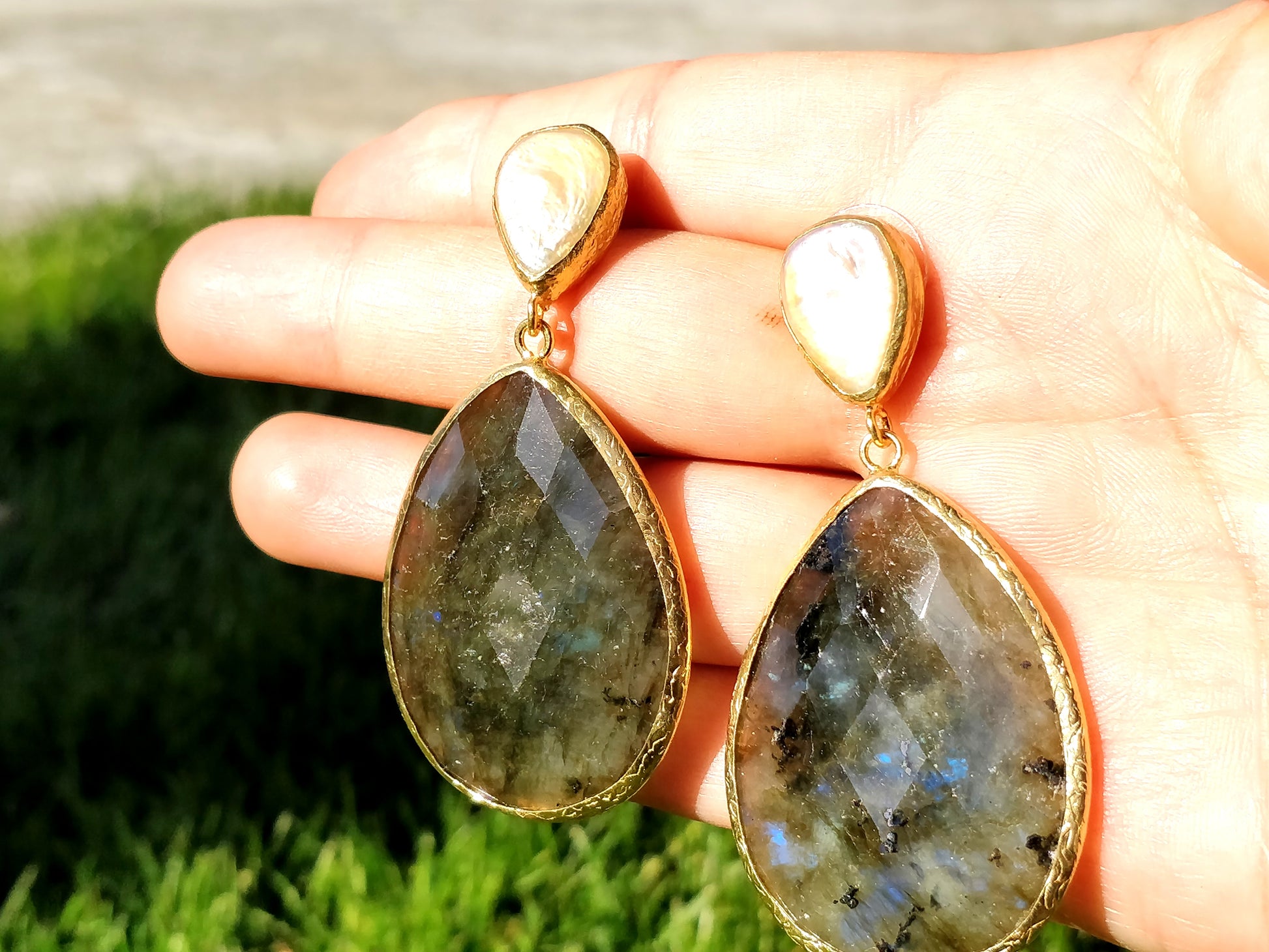 Drop Shape Labradorite Statement Gold Earrings - shopzeyzey