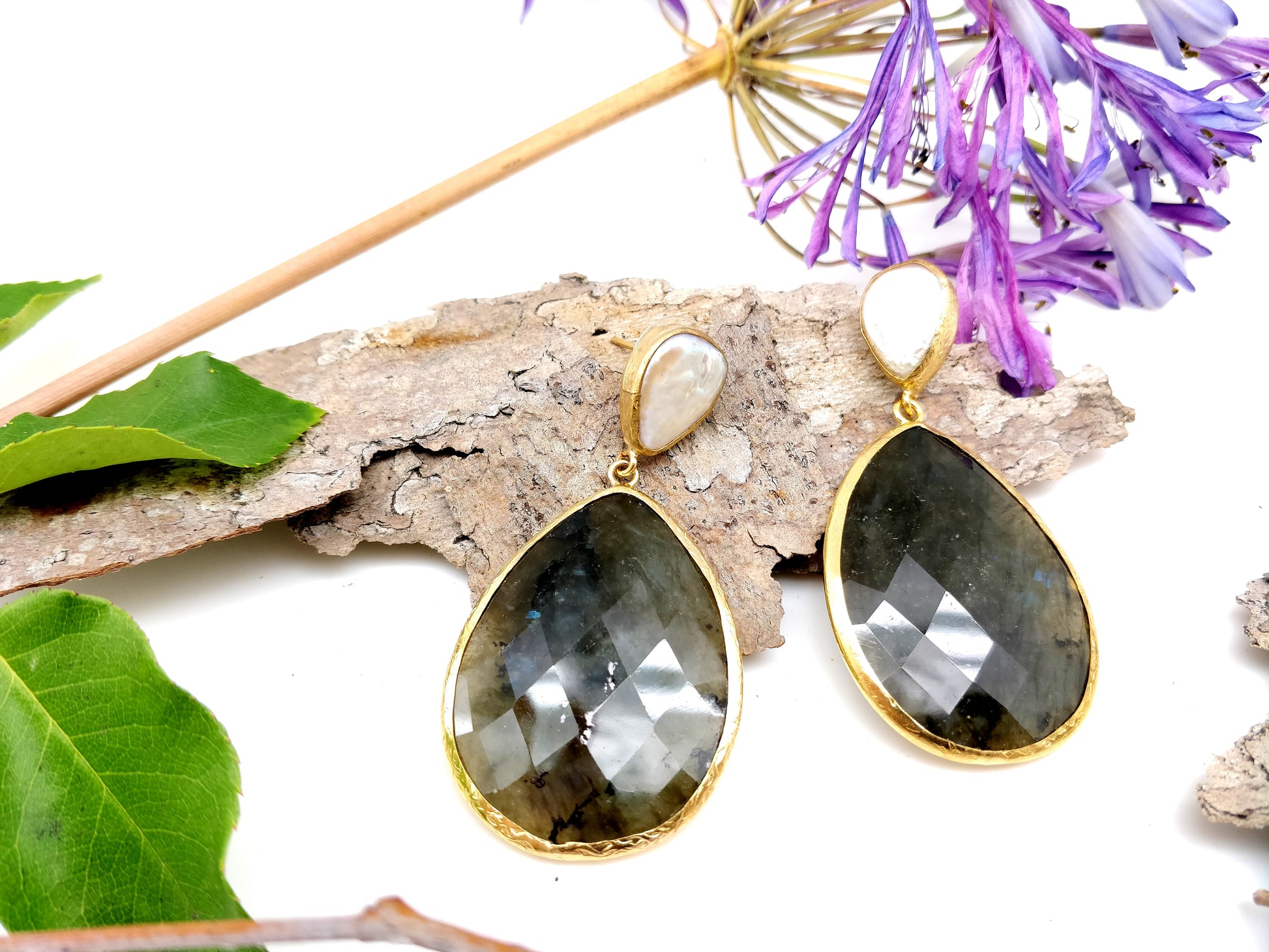 Drop Shape Labradorite Statement Gold Earrings - shopzeyzey