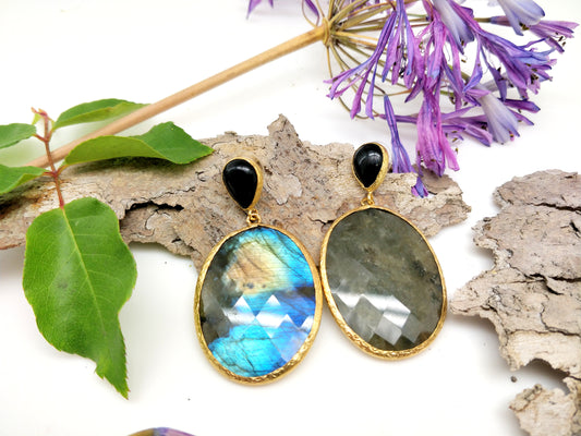 Double Stone Labradorite Statement Gold Earrings - shopzeyzey