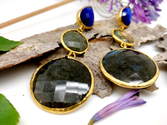 Triple Stone Labradorite Statement Earrings - shopzeyzey