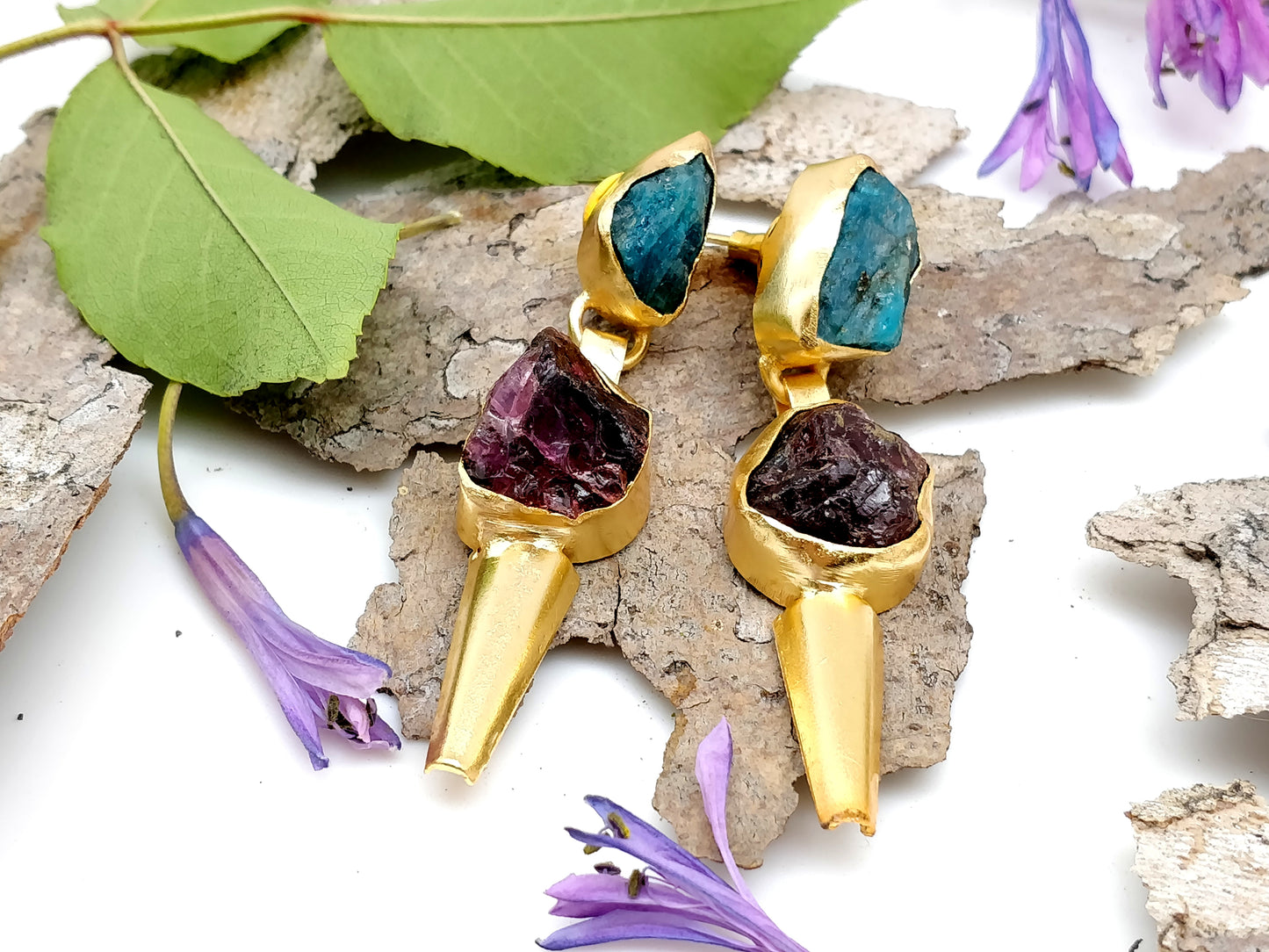 Rough Apatite and Garnet Gold Earrings - shopzeyzey