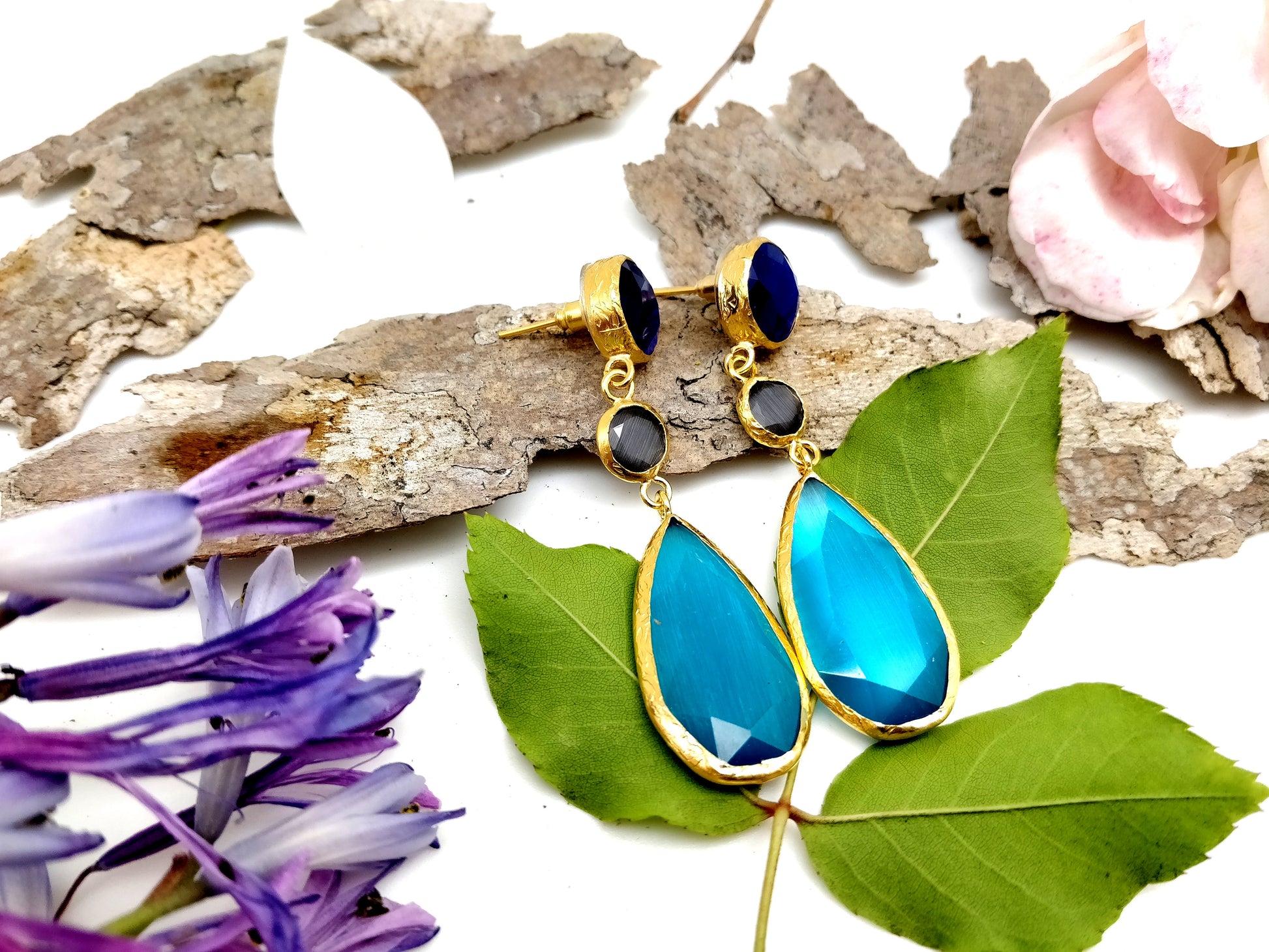 Triple Ocean Blue Cat Eye Earrings - shopzeyzey